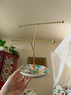 Floral Ceramic & Gold Jewelry Stand